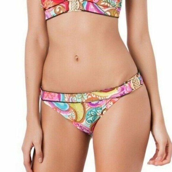 TRINA TURK Izu Island Paisley Metallic Gold Buckled Bikini Bottom/Swimwear SZ 10 - Picture 1 of 11